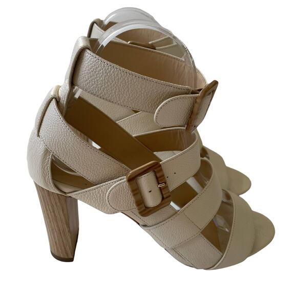 Jimmy Choo Maya 85 Cage Sandal Wood Heel Pebbled Leather Cream 37.5 - Picture 13 of 14